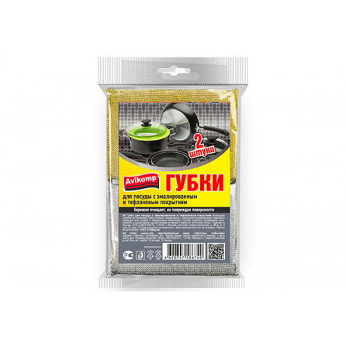 AV Губки д/посуды с эмалированным и тефлоновым покрытием 11*7,5*1,5см, 2шт AV Губки д/посуды с эмалированным и тефлоновым покрытием 11*7,5*1,5см, 2шт