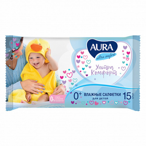 AURA Ultra comfort Влажные салфетки для детей, 15 шт компакт/110