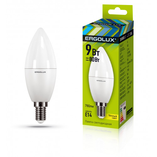 Лампы светодиодные Ergolux LED-С35-9W-E14-3K (9Вт Е14 3000К 172-265В) Свеча теплый свет