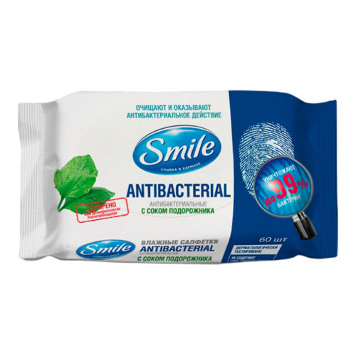 Влажная салфетка Антибактериальная  60шт с Д пантенолом Smile