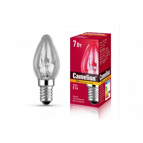 Эл. лампа накаливания для ночников, прозрачная 7/Р/CL/E14, 220V, 7W, E14 Camelion