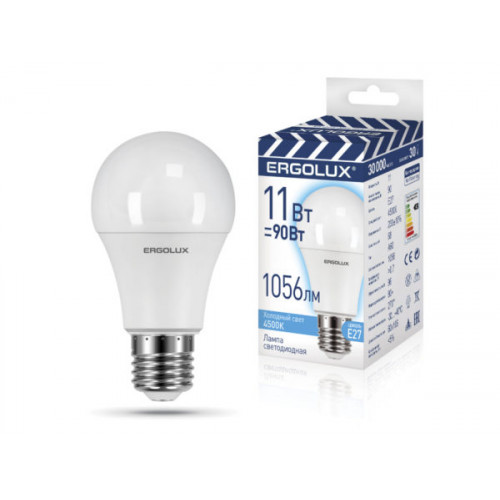 Лампы светодиодные Ergolux LED-А60-11W-E27-4K 11Вт Е27 4500К ЛОН (90Вт) холодный свет Лампы светодиодные Ergolux LED-А60-11W-E27-4K 11Вт Е27 4500К ЛОН (90Вт) холодный свет