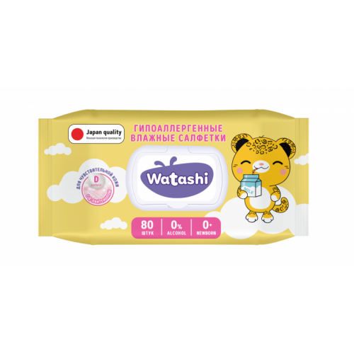 WATASHI Влажные салфетки для детей 0+ с Д-пантенолом big-pack с крышкой 80шт КК/12