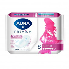 AURA PREMIUM Прокладки женские гигиенические SUPER 8шт /24 (10013160/051022/3480696, КИТАЙ)