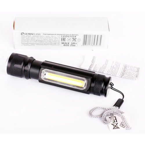 Фонарь LED51524 аккум 4В, 3Вт, черный, 4 режима, фокус, USB, бокс. Ultraflash