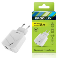 Адаптер сетевой ( 1USB+1Type C,18Вт,100-220В) 5-9V/3A,QC,Белый/ERGOLUX ELX-PA01QC-C01 Адаптер сетевой ( 1USB+1Type C,18Вт,100-220В) 5-9V/3A,QC,Белый/ERGOLUX ELX-PA01QC-C01